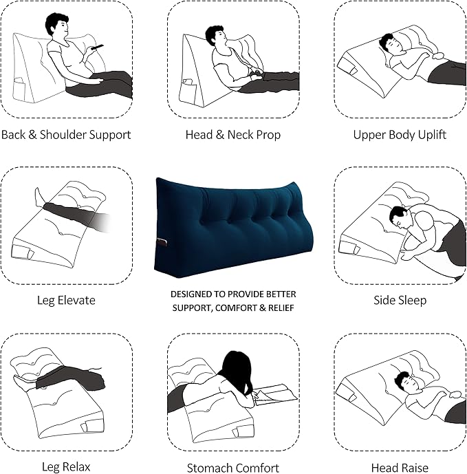 Johnear Wedge Headboard Large Bolster Pillow Reading Pillows for Sitting in Bed Adult， Velvet Triangular Cushion Backrest Lumbar Back Support Upholstered Daybed Sit Up Book Pillows（Darkblue, Twin）