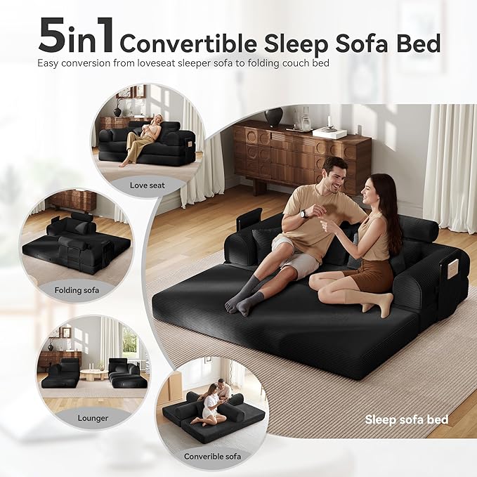 Upgrade High Backrest Design Sofa Bed with Fixed-Shape Frame & Removable Armrests and Backrest, Corduroy Fabric, Convertible Mattress Couch for Small Spaces - No Assembly Neede (High Backrest Black)