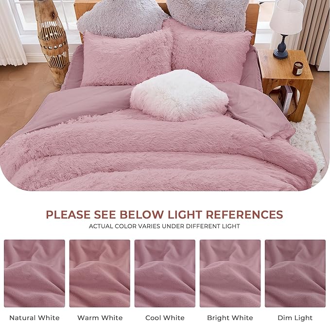 Sasttie 3-Piece Fluffy Duvet Cover King, Ultra Soft Faux Fur and Velvet Dusty Rose Comforter Cover, Luxury Fuzzy Bedding Sets for Winter Bed, Includes 1 Duvet Cover and 2 Pillowcases, No Comforter
