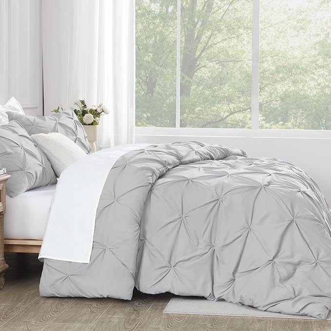 Andency California King Comforter Set Light Grey (104x96Inch), Pinch Pleat Cal King Comforter Set 3 Pieces, Oversized King Pintuck Bed Comforter, Microfiber Down Alternative Comforter Bedding Set