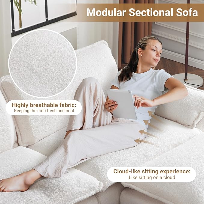 VINGLI 122" Cloud Teddy White Convertible Sectional Sofa, Comfy U-Shape Extra Deep Seat Sofa Couch for Living Room,Modern Chenille 3-Seat Convertible Sofa with 2 Movable Ottomans for Small Space