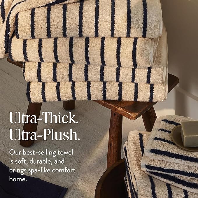 Brooklinen Super-Plush Turkish Cotton Bath Sheets - Set of 2 - Cotton, 820 GSM, Highly Absorbent, Machine Washable, Perfect for Home & Bathroom (40" x 65", Striped Navy)