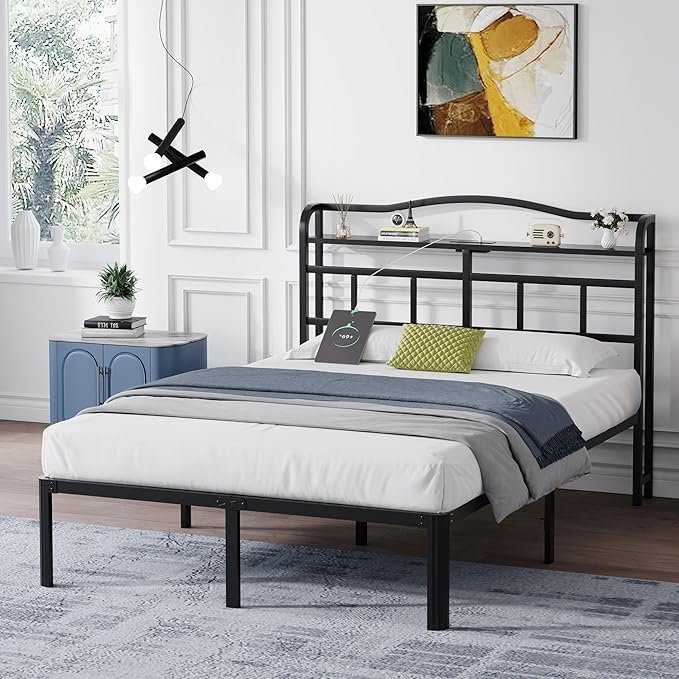 14 Inch Metal Bed Frame - Queen Size Black Heavy Duty Bedframe Platform Basic Mattress Foundation with Headboard & Charging Station No Box Spring Needed/Easy Assembly/No Noise