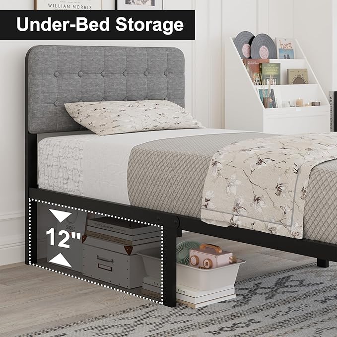 Twin Bed Frames with Upholstered Headboard and Metal Footboard 14 Inch, Twin Platform Bed Frame with Strong Metal Slats Support, Under-Bed Storage, Noise Free, Easy Assembly