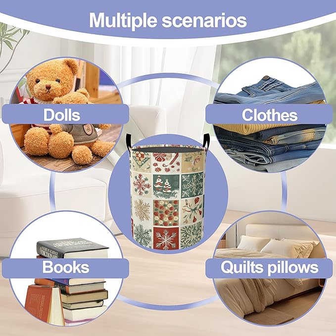 Christmas Laundry Basket-Large Foldable Hamper Holder Portable Tall Collapsible Laundry Hamper Storage Basket Bin with Handles, Canvas & Waterproof lining for Household Items