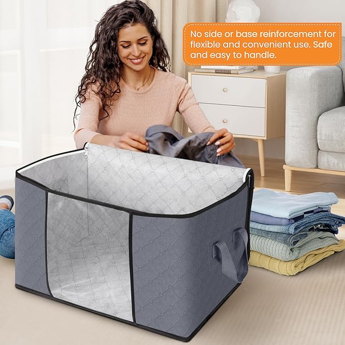 Fab totes 24 Gallons Clothes Storage, Foldable Thick Fabric Blanket Storage Bags, Containers for Organizing Bedroom, Closet, Clothing, Comforter, Organization with Handle (3 Pack,Grey)