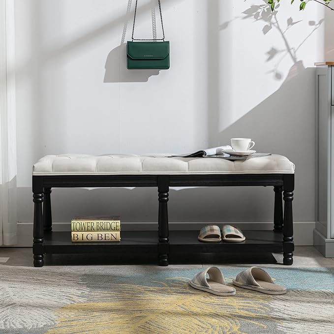 Chairus Storage Bench 45.5 "W Extra-Long Button Tufted Entryway Bench with Wood Shoes Rack End of Bed Bench with Fabric Linen Upholstered Rectangular Seat for Bedroom Hallway Living Room Window, Beige