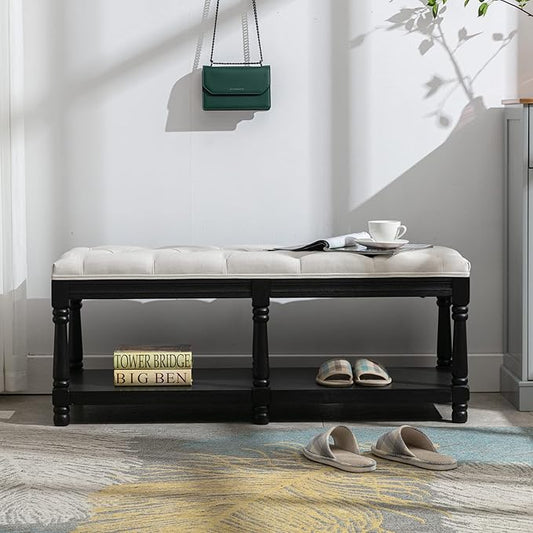 Chairus Storage Bench 45.5 "W Extra-Long Button Tufted Entryway Bench with Wood Shoes Rack End of Bed Bench with Fabric Linen Upholstered Rectangular Seat for Bedroom Hallway Living Room Window, Beige