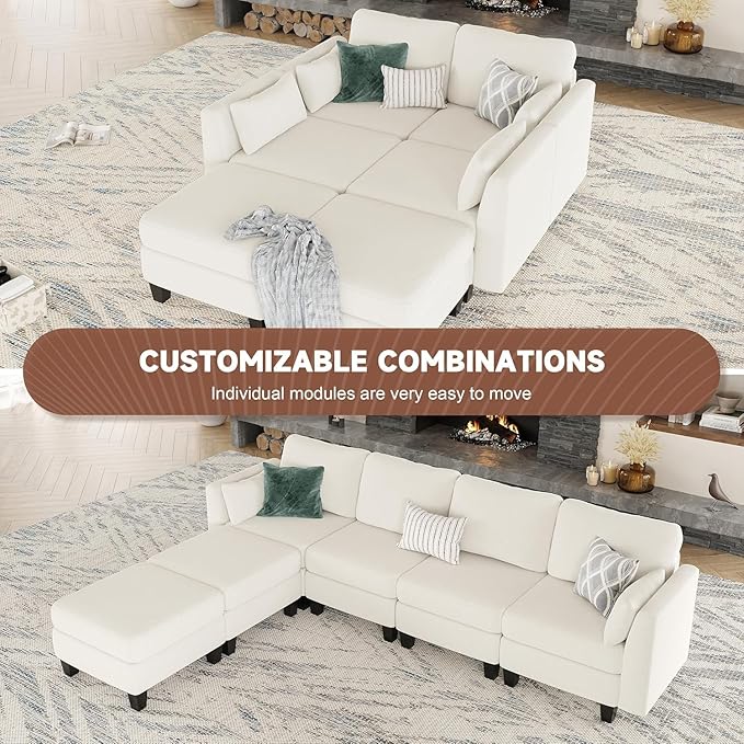Modular Sectional Sofa, Convertible U Shaped Sofa Couch with High Density Memory Foam, Modern U Shaped Sectional Sofa, 6 Seat Comfy Modular Sofa Couch for Living Room, Beige