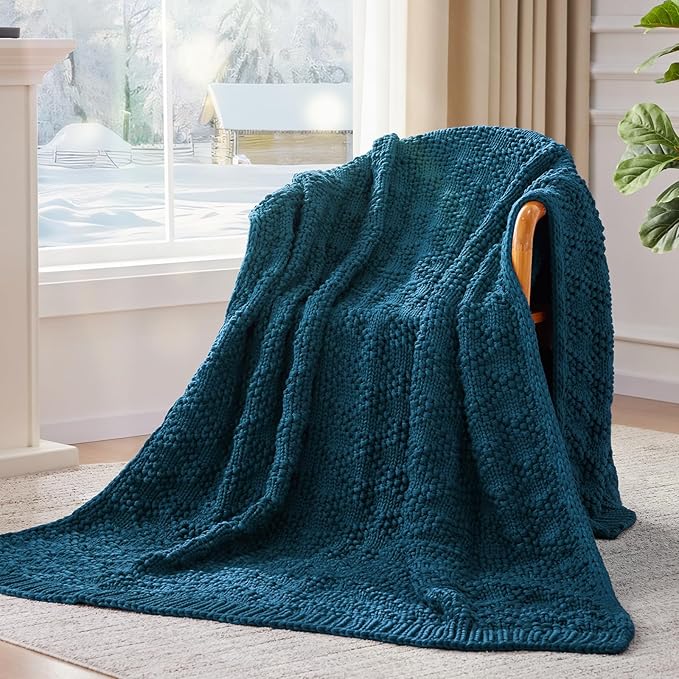 Knitted Weighted Blanket for Adult, Chunky Knit Weighted Throw for Sleep 50"*60" 10lbs, Cooling Breathable Heavy Blanket for Hot Sleepers, Machine Washable Blanket for Room Decor(Peacock)