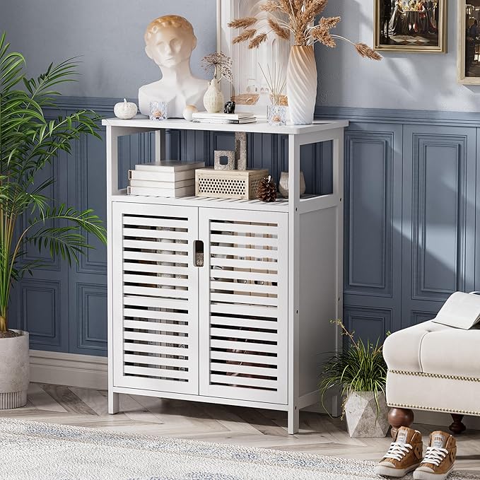 HITNET White Bathroom Cabinet, Bamboo Storage Cabinet Freestanding, Side Tall Storage Organizer for Kitchen Living Room Entryway