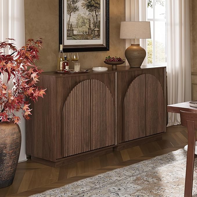 win2win Fluted Sideboard Buffet Cabinet with Storage, 31.5" Mid Century Modern Accent Cabinet with Double-Layered Arch Door, Small Wood Console Credenza for Dining Living Room Entryway, Walnut, 2PCS