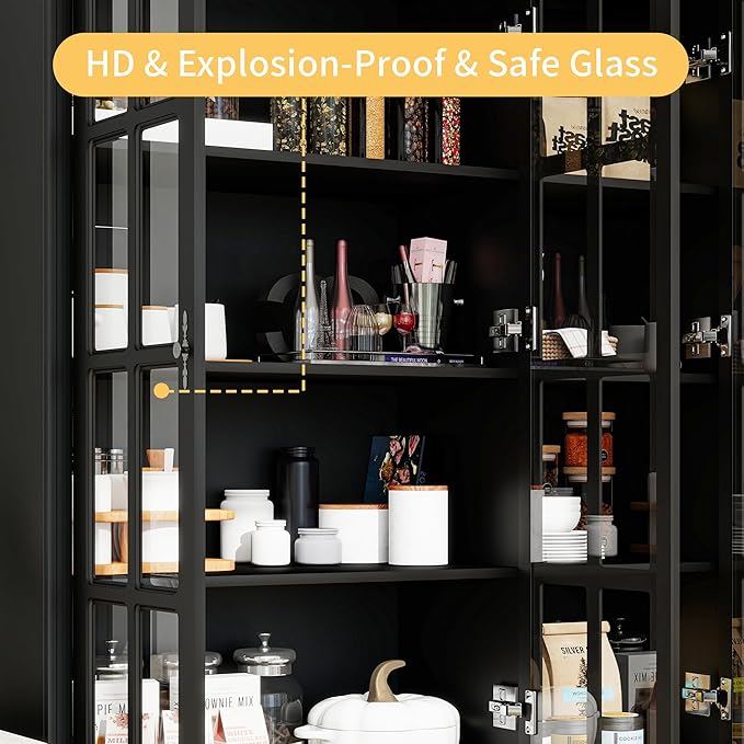 78.8" Tall Bookcase Display Storage Cabinet Hutch with Glass Doors & Drawers - Curio Display Bookshelf Kitchen Pantry for Home, Kitchen, Living Room.