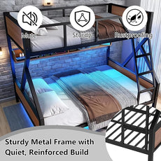 Full XL over Queen Bunk Bed with Storage Shelves, Metal Bunk Beds with Ladders and LED Lights, Heavy-duty Bunkbed for Bedrooms, Guest Rooms and Dorms, No Box Spring Needed and Noise-free Design, Black