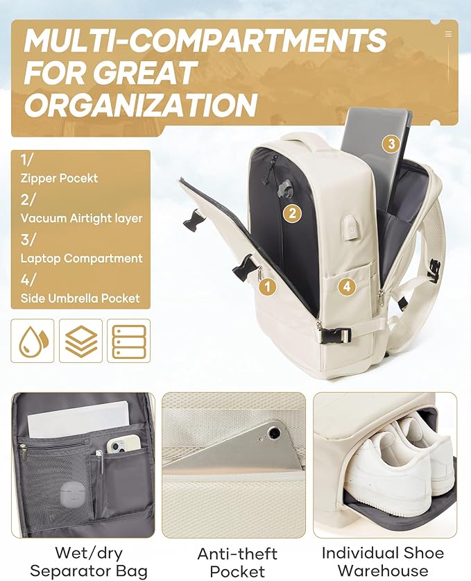 Vacuum Travel Backpack with Electric Vacpack Pump for Women, 40L Expandable Vacuum Compression Bags Personal Item Backpacks Flight Approved Traveling Carry on Suitcase Luggage, Beige