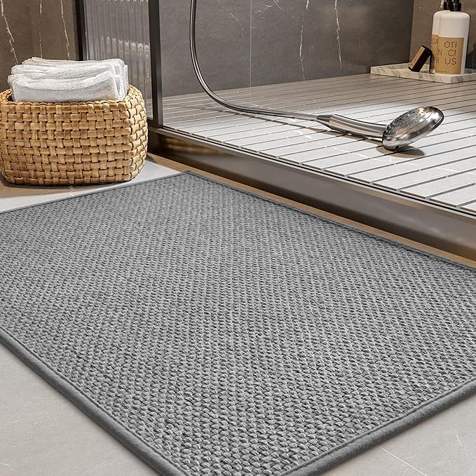 PADOOR Non-Slip Bath-Mats for Bathroom, Rubber-Backing Braided Absorbent Bathroom Mat Machine Washable Thin Bathroom Rugs Fit Under Door Quick Dry Bath Rugs for Floor, 24''x35'' Grey