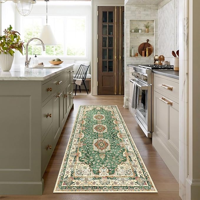 Washable Runner Rug 2'x6',Green Rug Runners Non Slip,Long Boho Rugs for Hallways Kitchen Bathroom Bedroom Entryway,Vintage Bohemian Distressed Floor Carpet,Retro Sage Floral