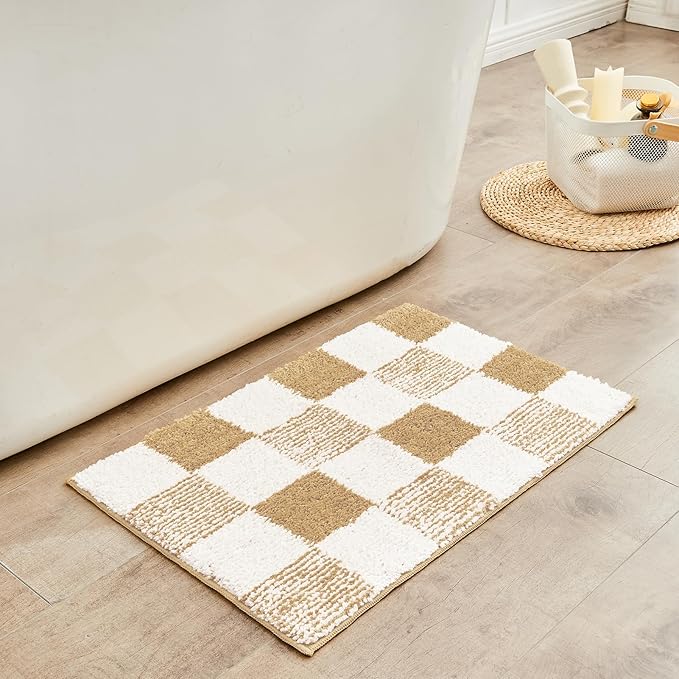 CozeCube Bath mats for Bathroom Non Slip, Fluffy Absorbent Microfiber Bath mat Washable, Aesthetic Bathroom Rugs, Cute Beige Checkered Bath mat, Beige, 32" x 20"