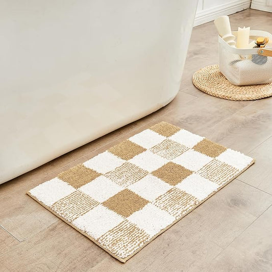 CozeCube Bath mats for Bathroom Non Slip, Fluffy Absorbent Microfiber Bath mat Washable, Aesthetic Bathroom Rugs, Cute Beige Checkered Bath mat, Beige, 32" x 20"