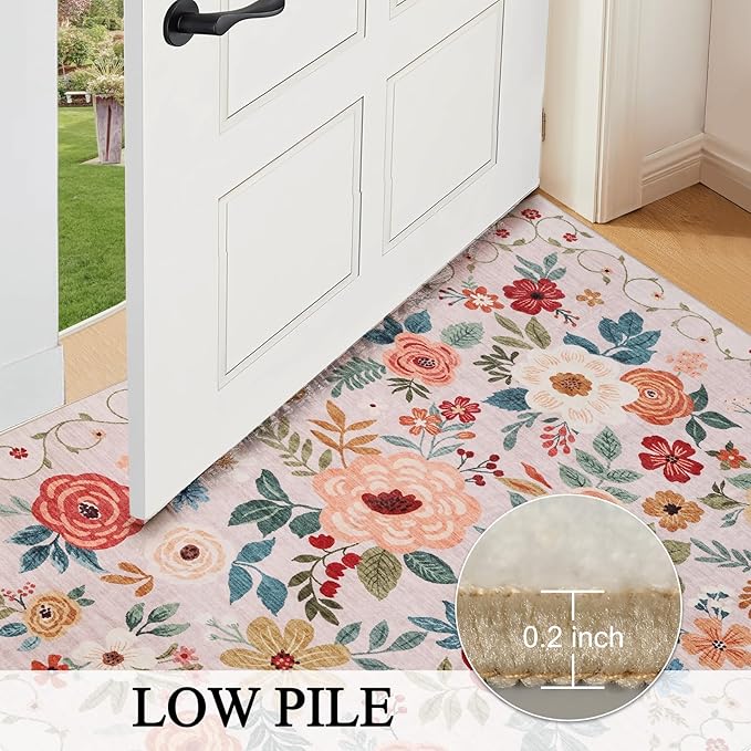 DUKINO 3x5 Area Rug, Floral Rugs for Entryway, Lightweight Non Slip Washable Rug, Indoor Low Pile & Non-Shedding Boho Design Rugs for Bedroom, Living Room, Dining Room, Kitchen, Beige