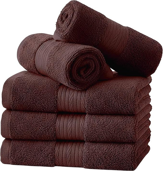 Ample Decor Washcloths Pack of 5 12 X 12 Inch, 600 GSM 100% Cotton Soft Absorbent, Premium Quality Durable Ideal for Bathroom, Pool, Hotel, Spa - Brown
