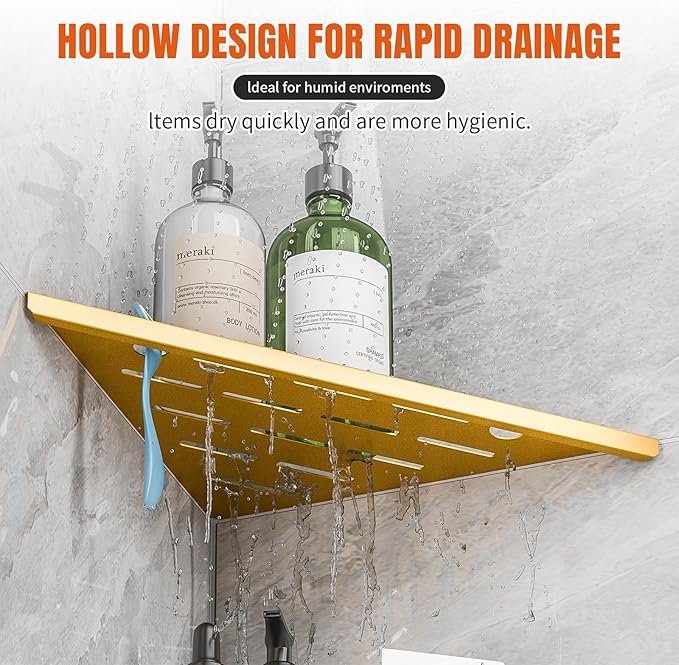 Shower Corner Shelf with Razor Hole,Modern Style Shower Caddy, Sturdy 304 Stainless Steel Shower Organizer,No Drilling Bathroom Corner Shelf for Tile Wall Gold 2 Pack-10
