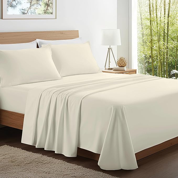Kickoff Viscose Bamboo Sheets Full Size 4-pc 100% Organic Bamboo Viscose Bed Cooling Sheets Full Size Set Cool Bedding for hot Sleepers Sheet, Flat, Fitted, Pillowcases (Buttercream, F) KickoffHome