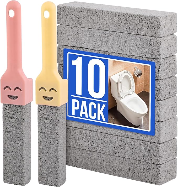 Navona 10 Pack Grey Pumice Stone Toilet Bowl Cleaner with 2 Universal Handles - All-Purpose Pumice Stone for Bathrooms, Kitchens Cleaning