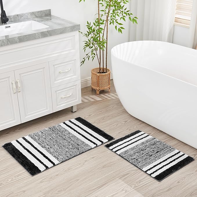 CozeCube Bath mats for Bathroom Non Slip, Fluffy Absorbent Microfiber Bath mat Washable, Aesthetic Bathroom Rugs, Small Jet Black Striped Bath mat, Jet Black, 24" x 16"