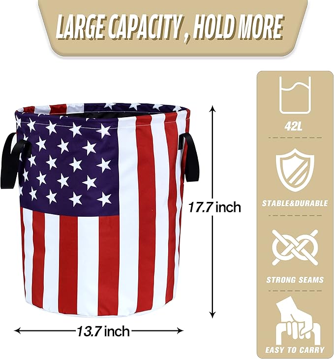 American Flag Laundry Basket Foldable Oxford Cloth Funny Tote Bag Laundry Hamper Clothes Storage Bucket Organizer For Bathroom/Laundry Storage/Bedroom Storage Basket 17.7x13.7 Inch