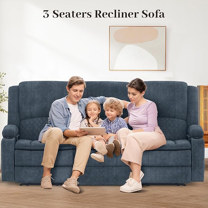 Recliner Sofa, 3 Seater Manual Reclining Sofa with 2-Tier Cushion, Reclining Couches for Living Room with Removable Console, Hidden Storage Space, Cup Holders - Blue