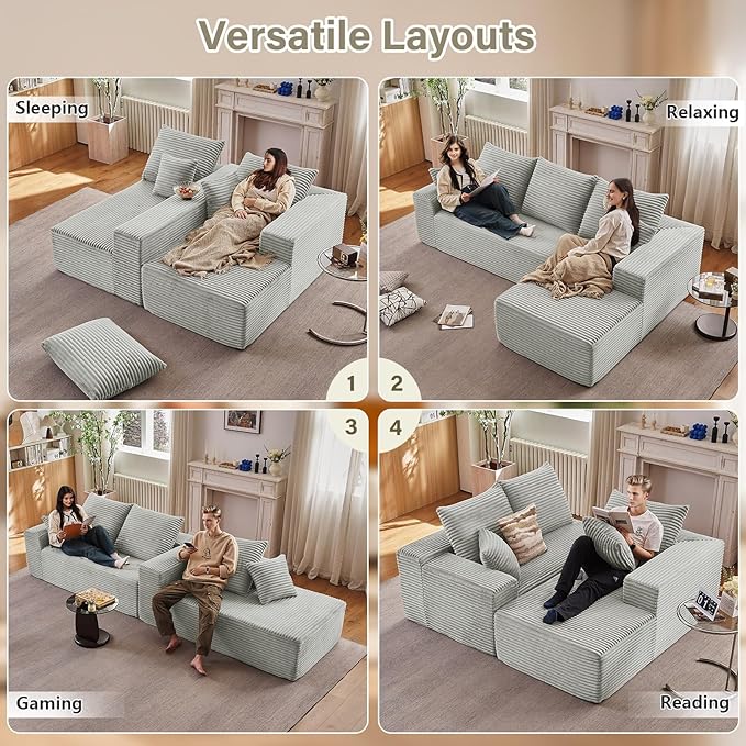 107" Cloud Sectional Couch with L-Shape Chaise, Modern Modular Comfy Sofa Chaise Longue, Upholstered Corduroy Couches Sleeper with Deep Seat for Living Room Bedroom, No Assembly Required, Grey