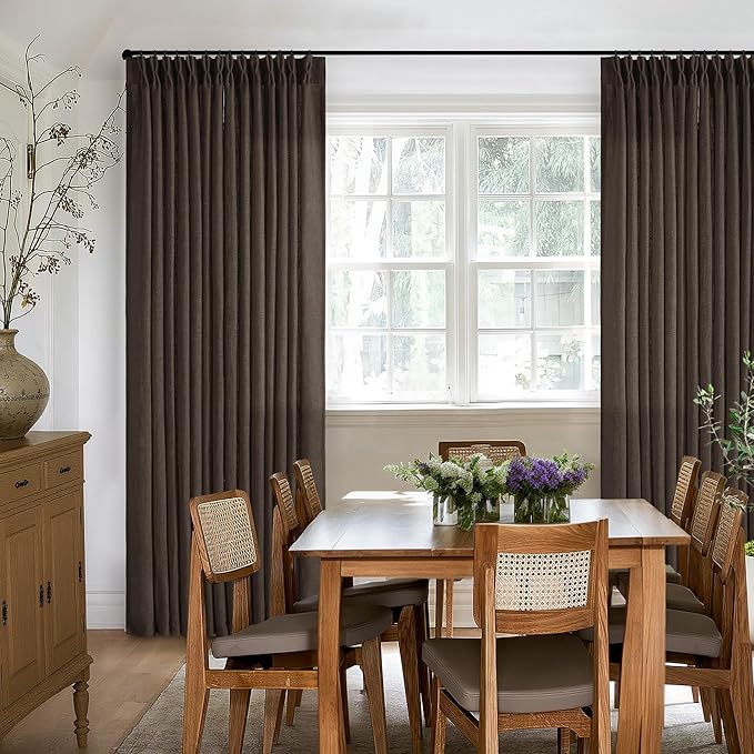 Dark Chocolate Pinch Pleated Linen Curtains 2 Panels for Living Room Bedroom Memory Training Shaped Semi Sheer Pleat Drapes with Hooks Rings Light Filtering Window Curtain 40x102