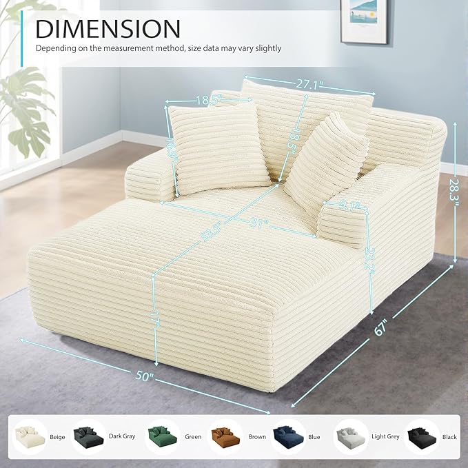 67 Inch Chaise Lounge Chair Indoor, Oversized Corduroy Upholstered Boneless Sofa Bed, Deep Seat Sleeper Couch Reading Chairs, Cloud Sofas Couches for Living Room, No Assembly Required (Beige)