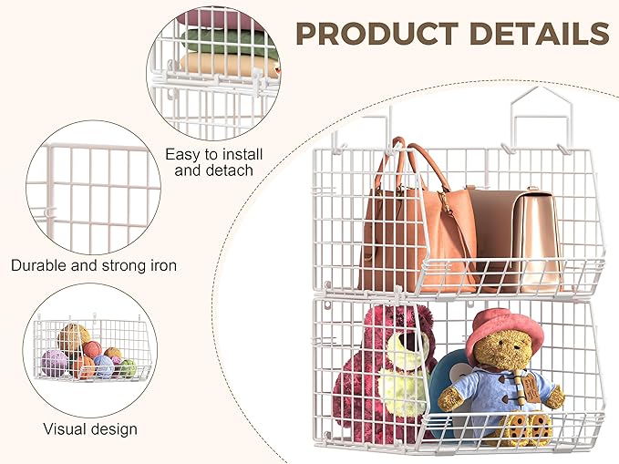 4" Extra Deeper Foldable Hanging Closet Organizer, Small Wire Cabinet Shelves and Storage with 5 S Hooks,4 Tier Metal Basket Bins for Clothes Sweaters Handbags, Wardrobe for Kitchen Laundry Room，White