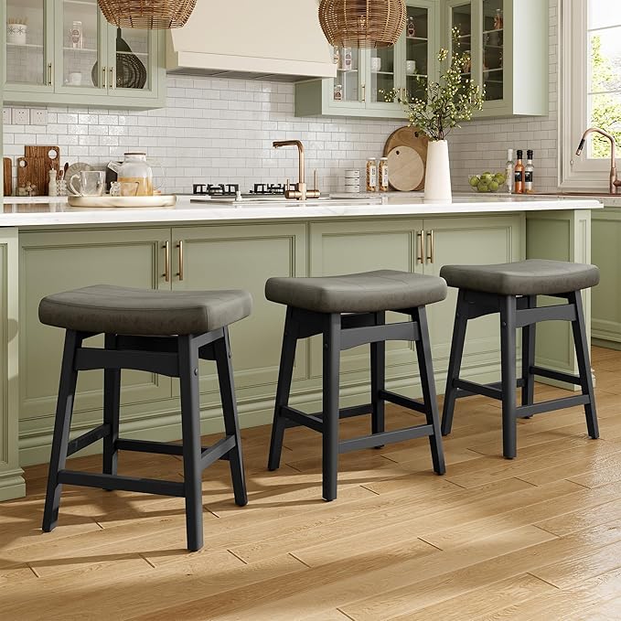 MAISON ARTS Grey Counter Height Bar Stool for Kitchen Counter Solid Wood Legs with Faux Leather Saddle Seat Farmhouse Barstool for 34"-38" Counter Island Upholstered Stool, 24in Height, 1pc