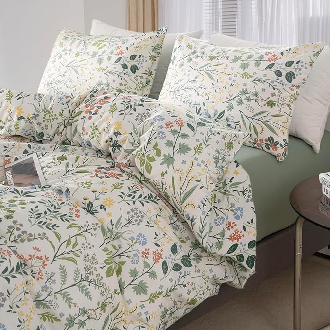 MKXI Garden Floral Comforter Set White Botanical College Bedding Queen Size for Coquette Aesthetic Plants Flowers Pattern Comforter for Women Teen Girls