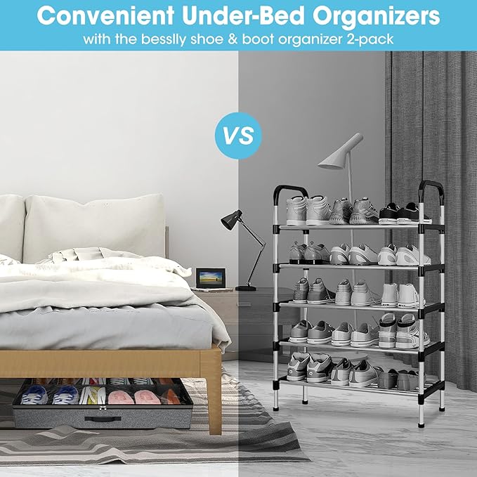 2 Pack Under Bed Shoe Storage Organizer for Closet, Fits Total 24 Pairs Foldable Underbed Shoes Containers Boxes Under the Bed Storage Bedding with Sturdy Handles&Clear Window for College Dorms, Grey