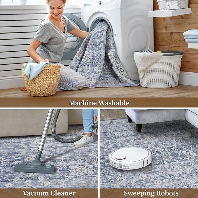 MontVoo-Vintage Area Rug 5X7 Blue Rugs for Living Room-Soft Distressed Printed Rugs for Bedroom-Non Slip Carpet-Machine Washable Rug for Dining Room Living Room Bedside Office