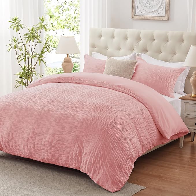 Cozyide Pink Duvet Cover Full Size, 3 Pieces Bedding Duvet Covers, Soft Breathable Seersucker Duvet Cover Set with Zipper Closure and Corner Ties (1 Duvet Cover 80"x90" + 2 Pillow Shams 20"x26")
