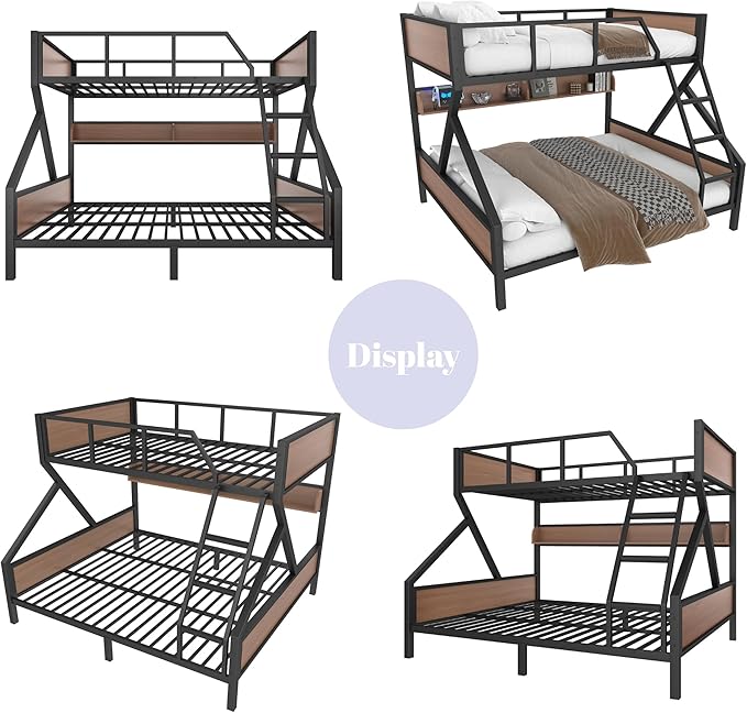 Queen over King Bunk Bed with Storage Shelves, Metal Bunk Beds with Ladders and LED Lights, Heavy-duty Bunkbed for Bedrooms, Guest Rooms and Dorms, No Box Spring Needed and Noise-free Design, Black