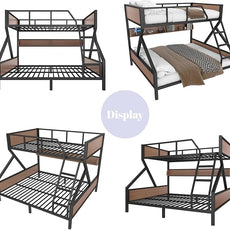 Queen over King Bunk Bed with Storage Shelves, Metal Bunk Beds with Ladders and LED Lights, Heavy-duty Bunkbed for Bedrooms, Guest Rooms and Dorms, No Box Spring Needed and Noise-free Design, Black