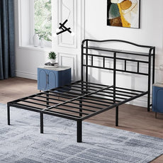14 Inch Metal Bed Frame - Queen Size Black Heavy Duty Bedframe Platform Basic Mattress Foundation with Headboard & Charging Station No Box Spring Needed/Easy Assembly/No Noise