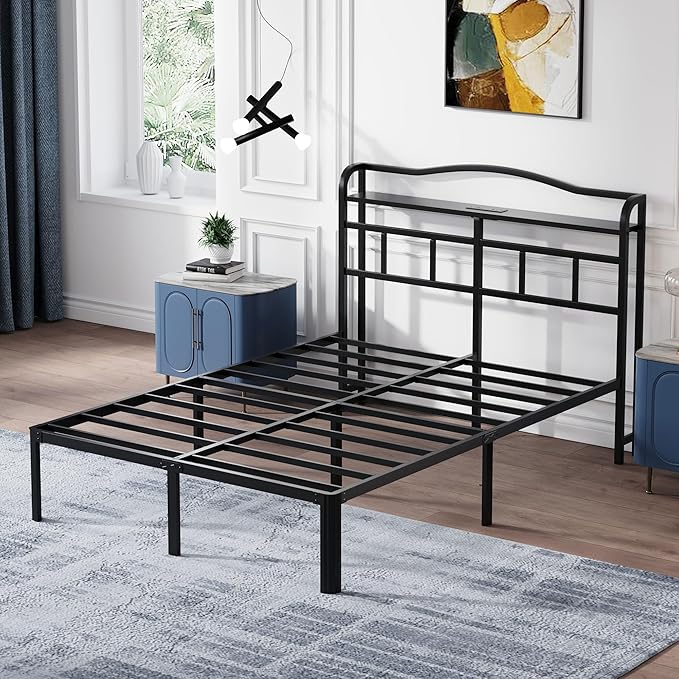 14 Inch Metal Bed Frame - Queen Size Black Heavy Duty Bedframe Platform Basic Mattress Foundation with Headboard & Charging Station No Box Spring Needed/Easy Assembly/No Noise