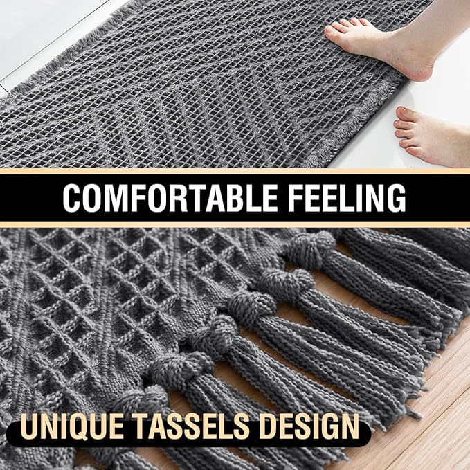 H.VERSAILTEX Waffle Bath Mat Super Absorbent Boho Bath Mat Non Slip Bath Rugs for Bathroom Floor Machine Washable Dry Fast Bathroom Rugs with Tassels (47 x 17 Plus 17 x 24 Inches, Gray)