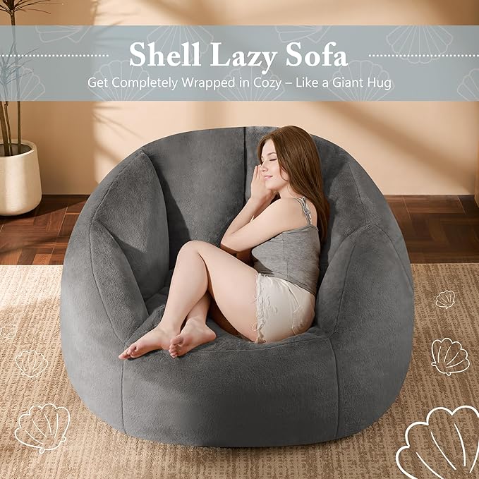 Swivel Giant Bean Bag Chair for Adults with Ottoman - Comfy Plush Round Shell Soft Accent Chaise Lounge Indoor Reading Chair, Oversized Cozy Floor Sofa for Living Room, Bedroom Dorm, Gray