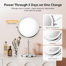 Makeup Mirror, 1X/30X Double Sided Magnifying Mirror/Switch with 3 Colors, 3200 mAh Rechargeable, 8