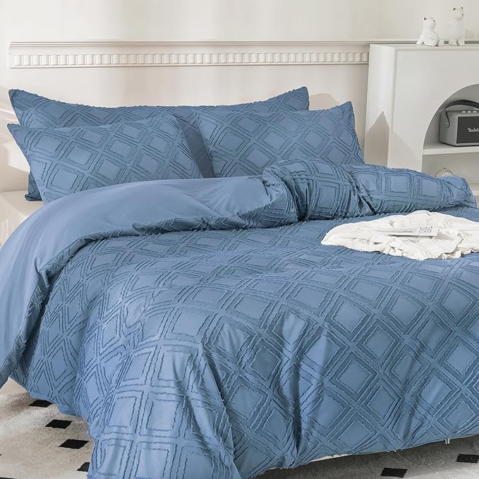 JELLYMONI Duvet Cover Twin Size Blue - 3PCS Boho Duvet Cover Set Plaid Polyester Tufted Bohemian Jacquard Knit Textured Comforter Cover 68×90in Rhombic Geometric Pattern Corner Ties & Zipper