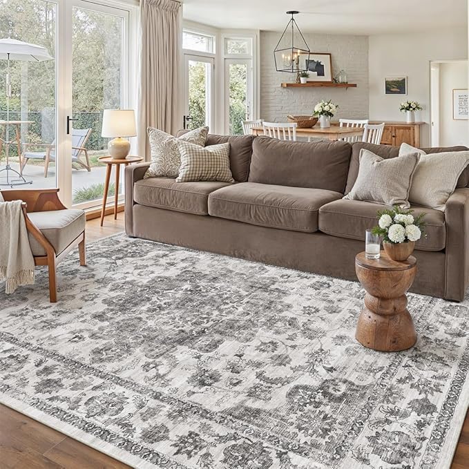 6x9 Washable Neutral Area Rug Black Vintage Living Room Bedroom Carpet Non-Slip Soft Low Pile Floral Indoor Throw Rug for Dining Room Entryway Office