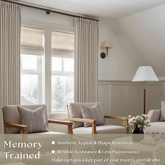 Burlywood Birch Pinch Pleated Linen Curtains 2 Panels for Living Room Bedroom Memory Training Shaped Semi Sheer Pleat Drapes with Hooks Rings Light Filtering Window Curtain 40x92